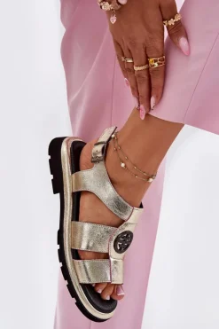 Skórzane Sandały Damskie Lakierowane Z Ozdobnym Detalem Artiker 56C0689 Złote