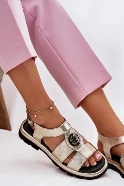 Skórzane Sandały Damskie Lakierowane Z Ozdobnym Detalem Artiker 56C0689 Złote