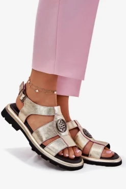 Skórzane Sandały Damskie Lakierowane Z Ozdobnym Detalem Artiker 56C0689 Złote