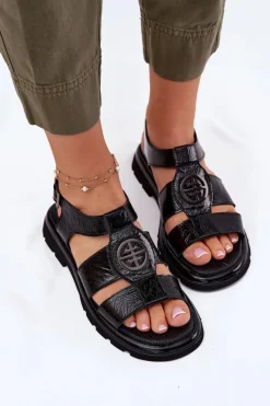 Skórzane Sandały Damskie Lakierowane Z Ozdobnym Detalem Artiker 56C0691 Czarne