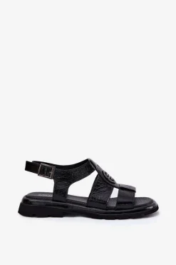 Skórzane Sandały Damskie Lakierowane Z Ozdobnym Detalem Artiker 56C0691 Czarne