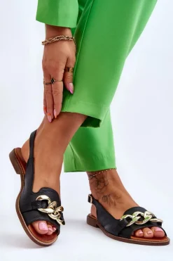 Skórzane Sandały Damskie Lewski Shoes 3230 Czarny Groch