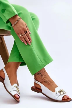 Skórzane Sandały Damskie Lewski Shoes 3230 Biały Groch