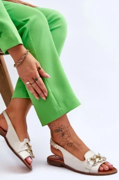 Skórzane Sandały Damskie Lewski Shoes 3230 Beżowo-Złote