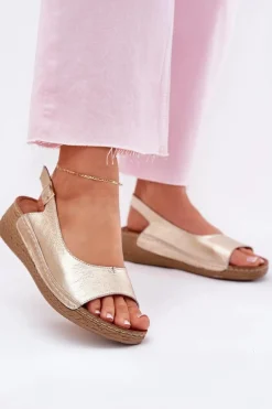 Skórzane Sandały Damskie Na Koturnie Maciejka L7069 -25 Złote
