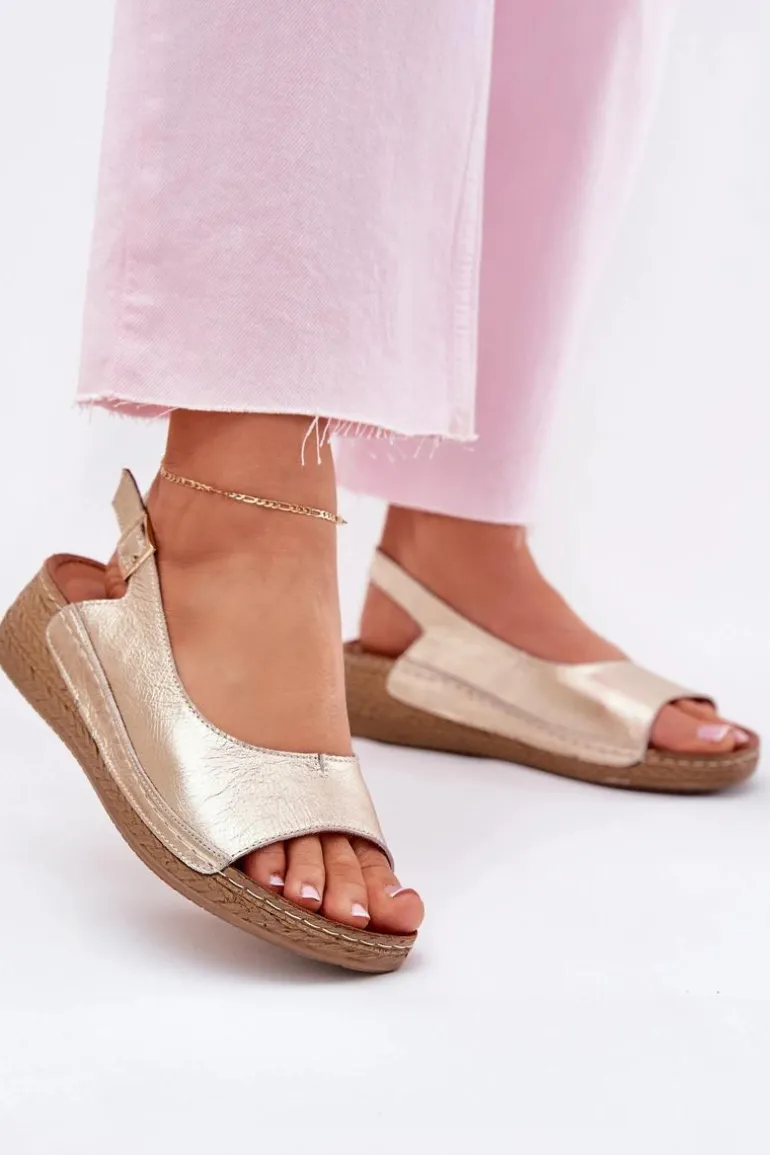 Skórzane Sandały Damskie Na Koturnie Maciejka L7069 -25 Złote