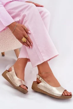 Skórzane Sandały Damskie Na Koturnie Maciejka L7069 -25 Złote