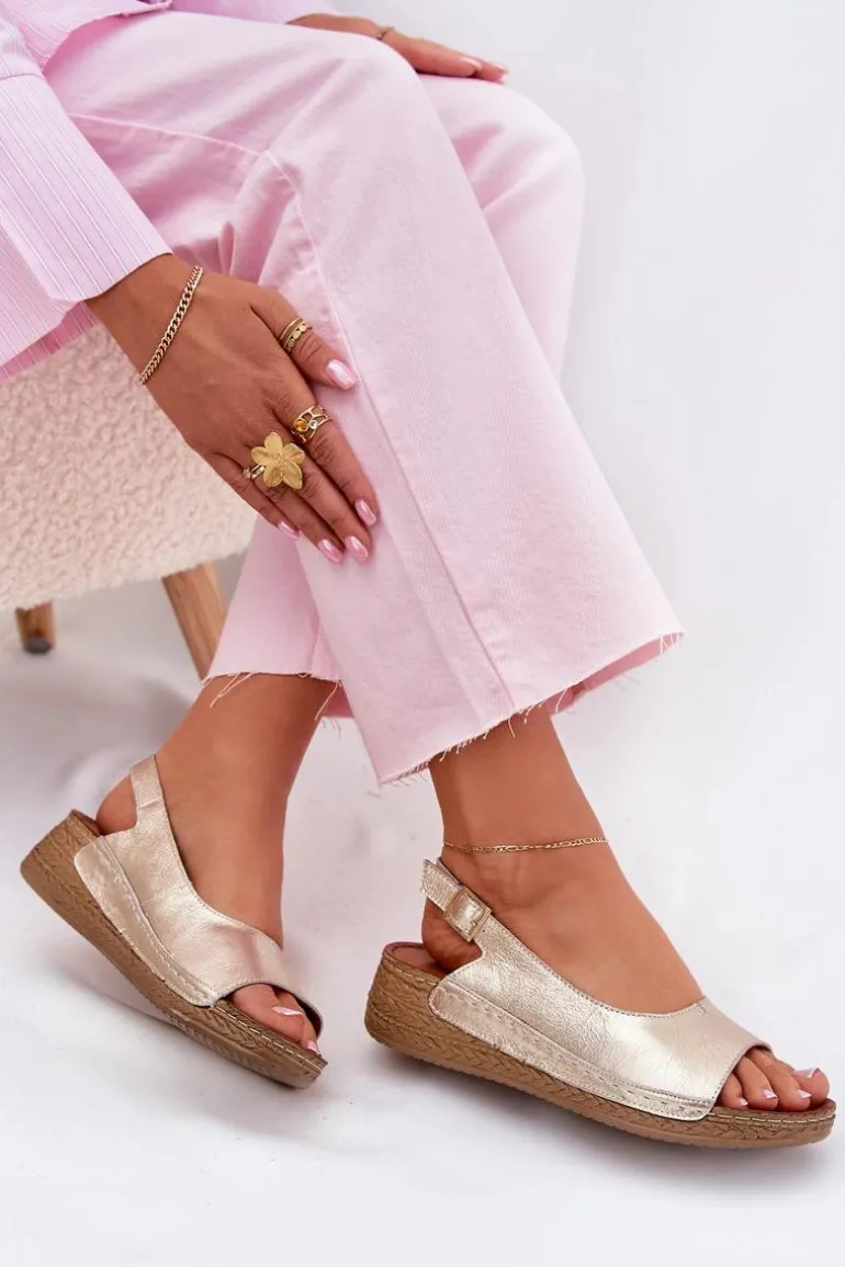 Skórzane Sandały Damskie Na Koturnie Maciejka L7069 -25 Złote