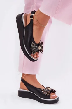 Skórzane Sandały Damskie Na Koturnie Z Kokardą Zazoo 1882 Czarne
