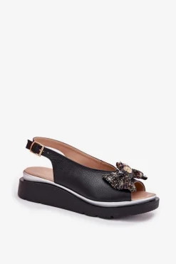 Skórzane Sandały Damskie Na Koturnie Z Kokardą Zazoo 1882 Czarne