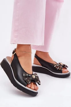 Skórzane Sandały Damskie Na Koturnie Z Kokardą Zazoo 1882 Czarne