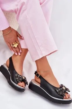 Skórzane Sandały Damskie Na Koturnie Z Kokardą Zazoo 1882 Czarne