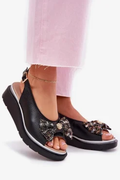 Skórzane Sandały Damskie Na Koturnie Z Kokardą Zazoo 1882 Czarne