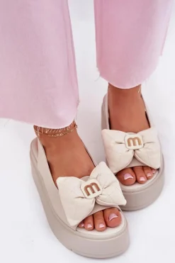 Skórzane Sandały Damskie Na Platformie Z Kokardą CheBello 4641 Beżowe