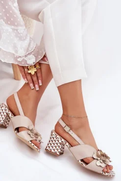 Skórzane Sandały Damskie Na Słupku Z Kwiatami Laura Messi 2950 Beżowe