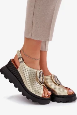 Skórzane Sandały Damskie Na Koturnie Z Ozdobą Artiker 56C0109 Złote