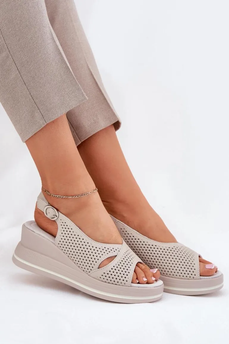 Skórzane Sandały Damskie Na Koturnie S.Barski LR51-660 Beżowe