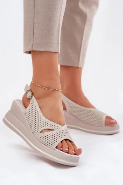 Skórzane Sandały Damskie Na Koturnie S.Barski LR51-660 Beżowe