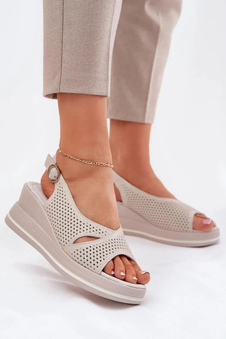 Skórzane Sandały Damskie Na Koturnie S.Barski LR51-660 Beżowe