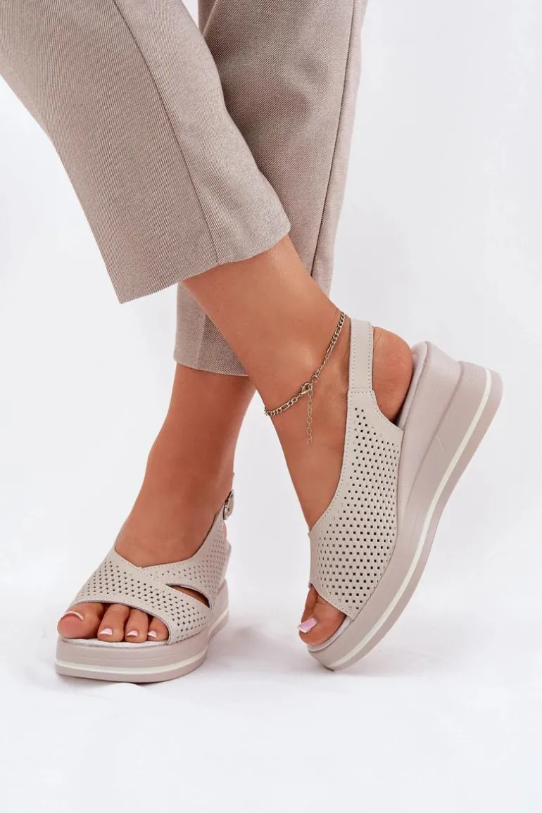 Skórzane Sandały Damskie Na Koturnie S.Barski LR51-660 Beżowe