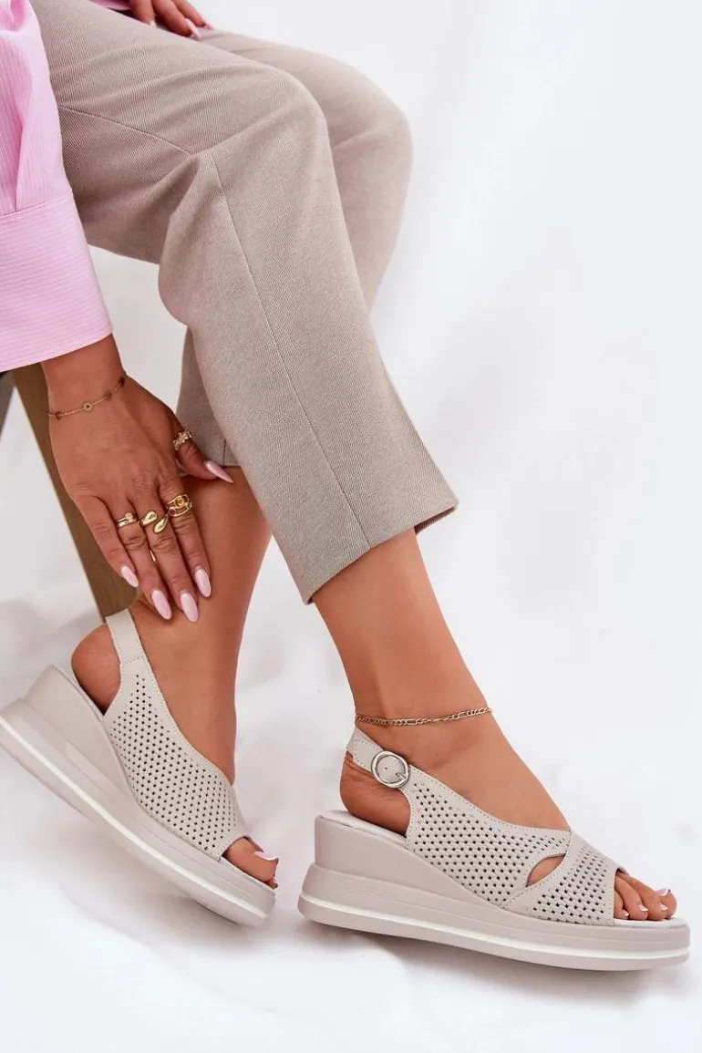 Skórzane Sandały Damskie Na Koturnie S.Barski LR51-660 Beżowe