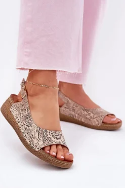 Skórzane Sandały Damskie Na Koturnie Maciejka L7069-04 Beżowe