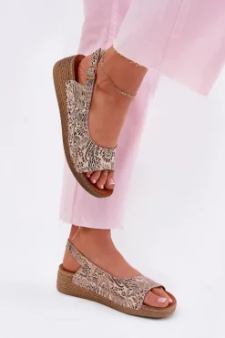 Skórzane Sandały Damskie Na Koturnie Maciejka L7069-04 Beżowe