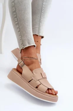 Skórzane Sandały Damskie Na Platformie I Koturnie Ciemnobeżowe Vivitellia