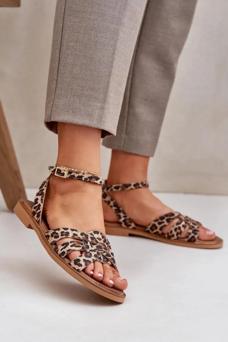 Skórzane Sandały Damskie Na Płaskim Obcasie Panterka Zazoo 3688 Brązowe