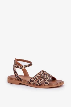 Skórzane Sandały Damskie Na Płaskim Obcasie Panterka Zazoo 3688 Brązowe