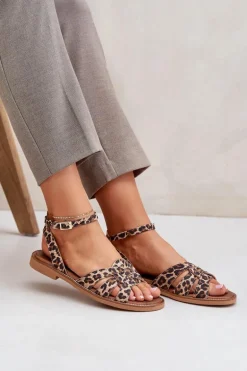 Skórzane Sandały Damskie Na Płaskim Obcasie Panterka Zazoo 3688 Brązowe
