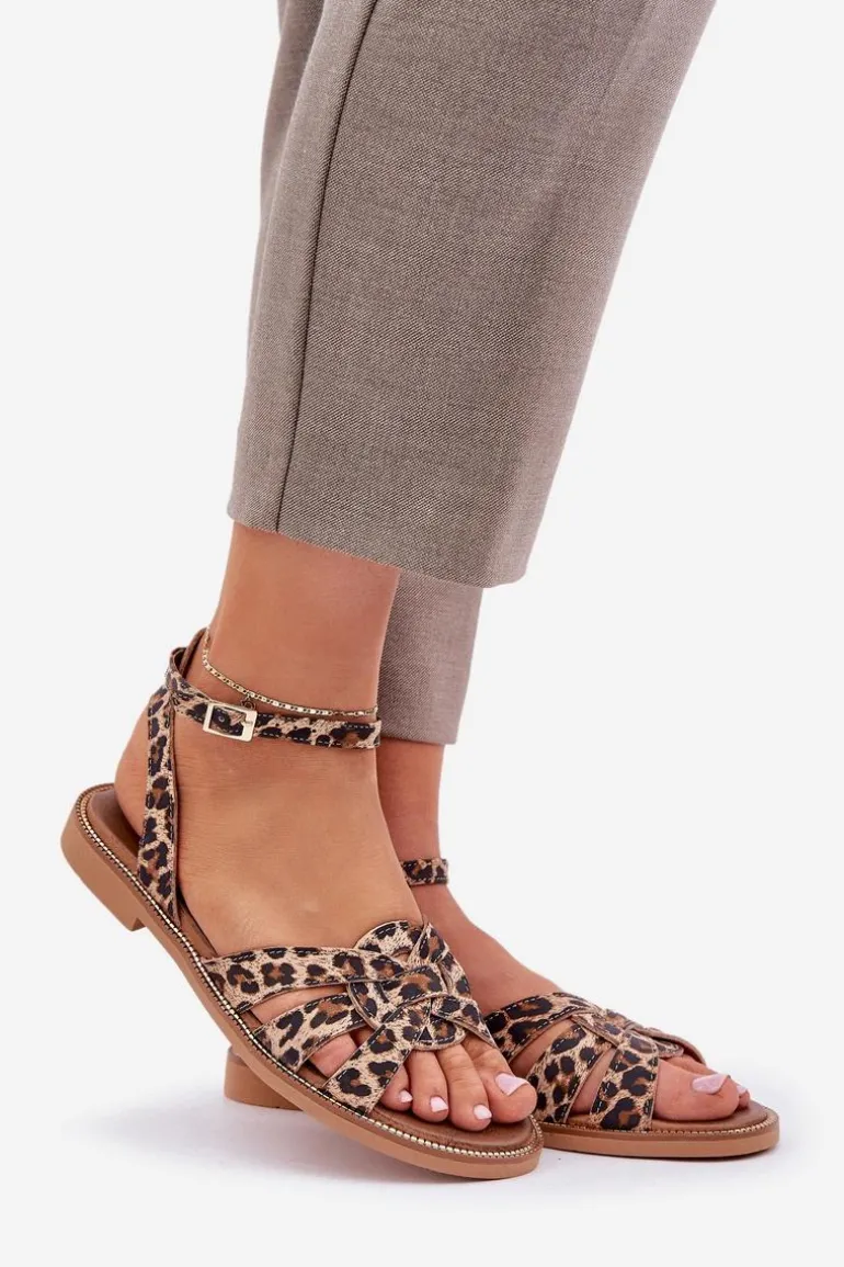 Skórzane Sandały Damskie Na Płaskim Obcasie Panterka Zazoo 3688 Brązowe