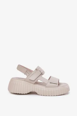 Skórzane Sandały Damskie Na Platformie Beżowe Mertella