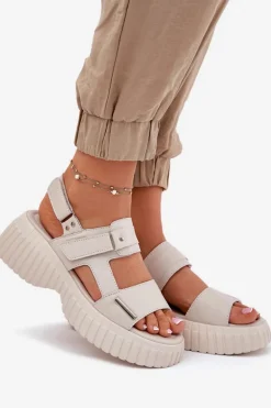 Skórzane Sandały Damskie Na Platformie Beżowe Mertella