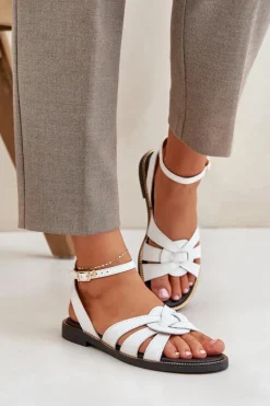 Skórzane Sandały Damskie Na Płaskim Obcasie Zazoo 3688 Białe