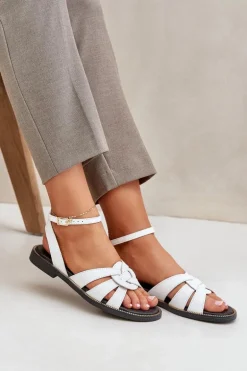 Skórzane Sandały Damskie Na Płaskim Obcasie Zazoo 3688 Białe