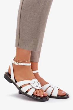 Skórzane Sandały Damskie Na Płaskim Obcasie Zazoo 3688 Białe