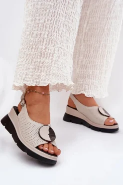 Skórzane Sandały Damskie Na Koturnie Z Ozdobą S.Barski LR51-788 Beżowe