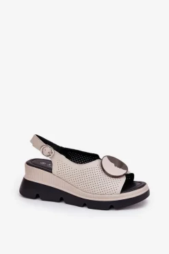 Skórzane Sandały Damskie Na Koturnie Z Ozdobą S.Barski LR51-788 Beżowe