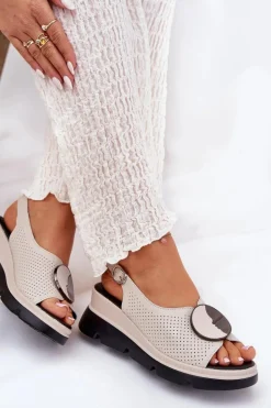 Skórzane Sandały Damskie Na Koturnie Z Ozdobą S.Barski LR51-788 Beżowe