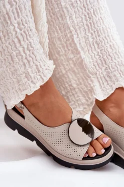 Skórzane Sandały Damskie Na Koturnie Z Ozdobą S.Barski LR51-788 Beżowe