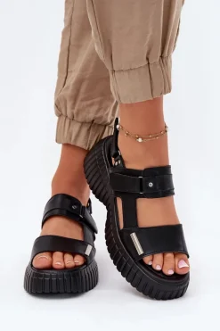 Skórzane Sandały Damskie Na Platformie Czarne Mertella