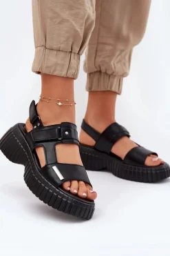 Skórzane Sandały Damskie Na Platformie Czarne Mertella