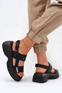 Skórzane Sandały Damskie Na Platformie Czarne Mertella