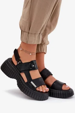 Skórzane Sandały Damskie Na Platformie Czarne Mertella