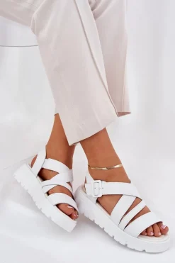 Skórzane Sandały Damskie Na Platformie Z Klamrą Białe Selianae