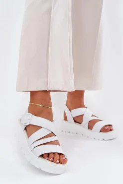 Skórzane Sandały Damskie Na Platformie Z Klamrą Białe Selianae