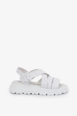 Skórzane Sandały Damskie Na Platformie Z Klamrą Białe Selianae