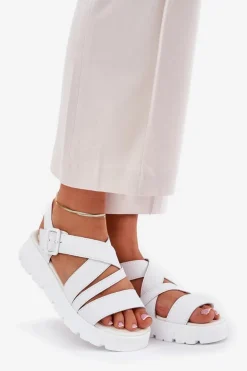 Skórzane Sandały Damskie Na Platformie Z Klamrą Białe Selianae