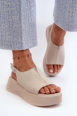 Skórzane Sandały Damskie Na Platformie D&A SJ2301-2 Beżowe